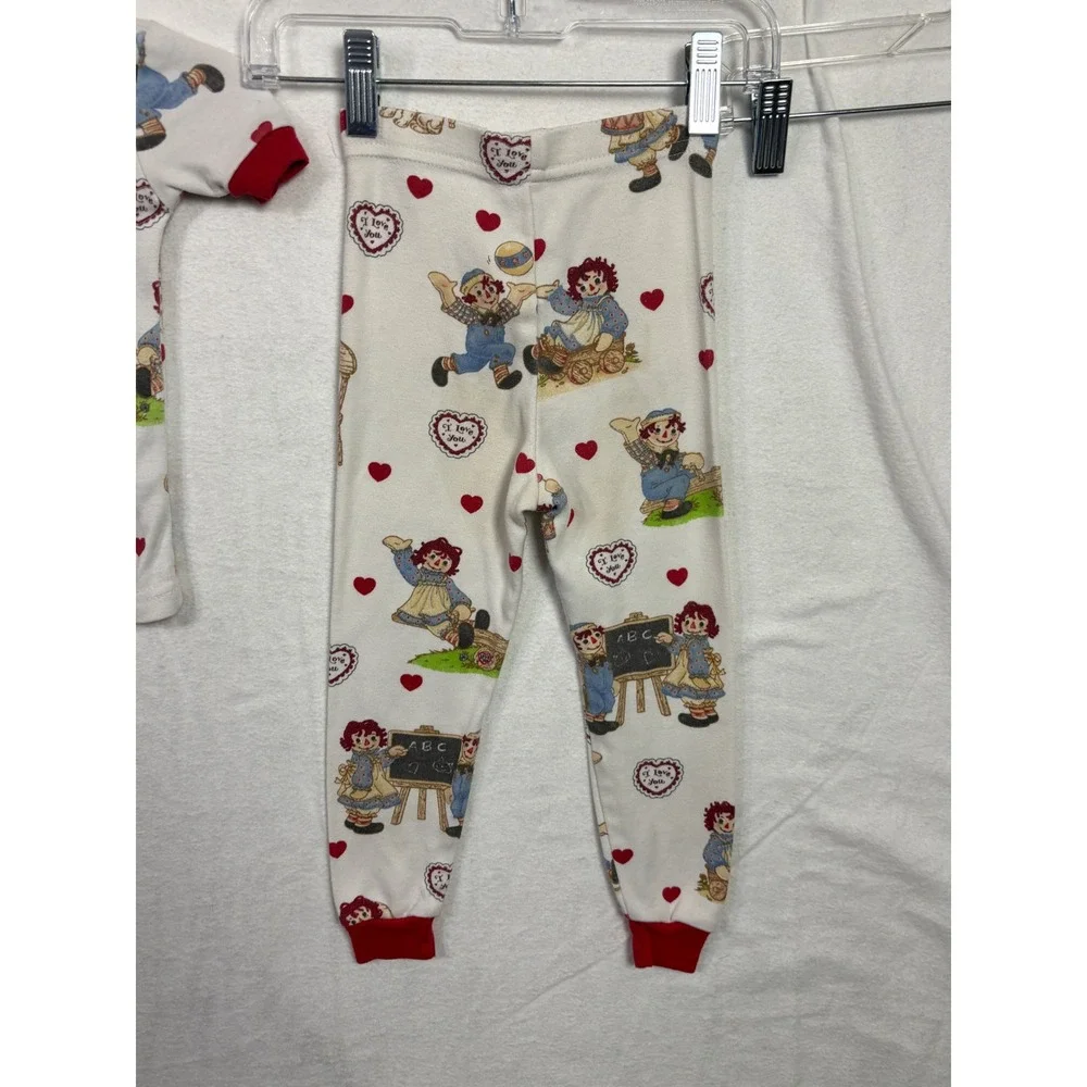 Vintage Kids Raggedy Ann Andy Pajama Set White Red Hearts Classic size 3t